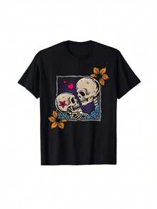 Camiseta Gráfica de Calavera Gótica para Hombre - Diseño de Cartas de Tarot de Amantes, 100% Algodón, Ajuste Casual, Lavable a Máquina, Uso en Todas las Estaciones, Negra con Estampado de Calavera y Flores, Cuello Redondo, Ajuste Regular, Tallas para Adultos, Ropa Casual| Camiseta Gráfica Gótica| Parte superior lavable a máquina - Negro - Ver 1