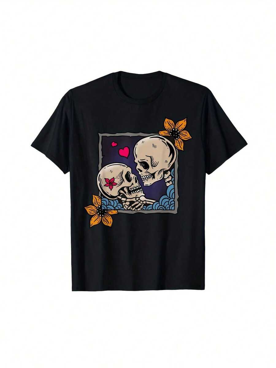 Camiseta Gráfica de Calavera Gótica para Hombre - Diseño de Cartas de Tarot de Amantes, 100% Algodón, Ajuste Casual, Lavable a Máquina, Uso en Todas las Estaciones, Negra con Estampado de Calavera y Flores, Cuello Redondo, Ajuste Regular, Tallas para Adultos, Ropa Casual| Camiseta Gráfica Gótica| Parte superior lavable a máquina - Negro - Ver 1