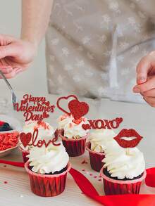 15件套红色/金色情人节蛋糕装饰 - 闪亮爱心、嘴唇、XOXO、LOVE符号蛋糕插牌 - 适用于情人节派对、生日、订婚、婚礼、周年纪念庆祝活动 - 紅色 - 查看 5