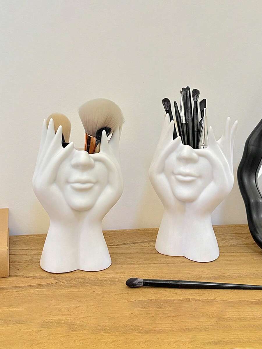 1pc Face Shaped Makeup Brush Holder, Desktop Decor For Office - White - View 1