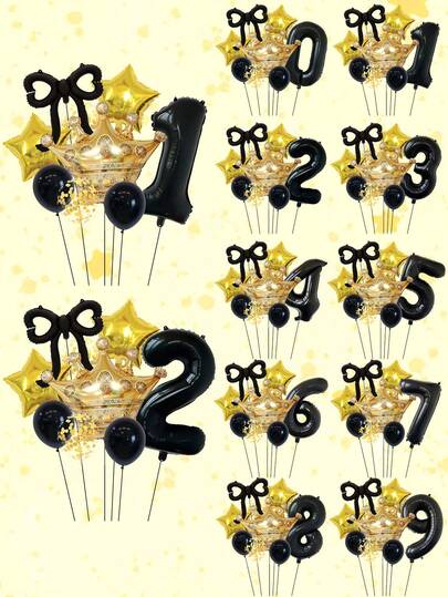 黑色和金色皇冠数字气球套装，0-9数字生日派对装饰，宝宝一周岁生日派对气球装饰
