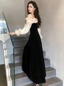 优雅中长连衣裙，复古黑色丝绒网纱长袖派对礼服，时尚露肩高开衩A字裙，适合圣诞节、新年、生日派对、通勤、正式场合。 - 黑色 - 查看 9