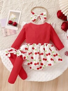 Conjunto de 3 piezas de body y diadema con lazo para bebé niña recién nacida, con diseños lindos de hombre de jengibre y árbol de Navidad en estilo de remiendo acanalado rojo, adecuado para Navidad - Rosa Roja - Ver 3