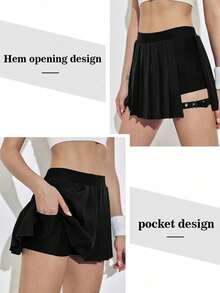 Women's Pleated Tennis Skirt High Waisted Athletic Skorts With Adjustable Buckle And Pocket - 黑色 - 查看 3