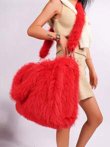 Long Strap Faux Fox Fur Tote - -Wide Large Capacity Tote Bag - Red - View 1