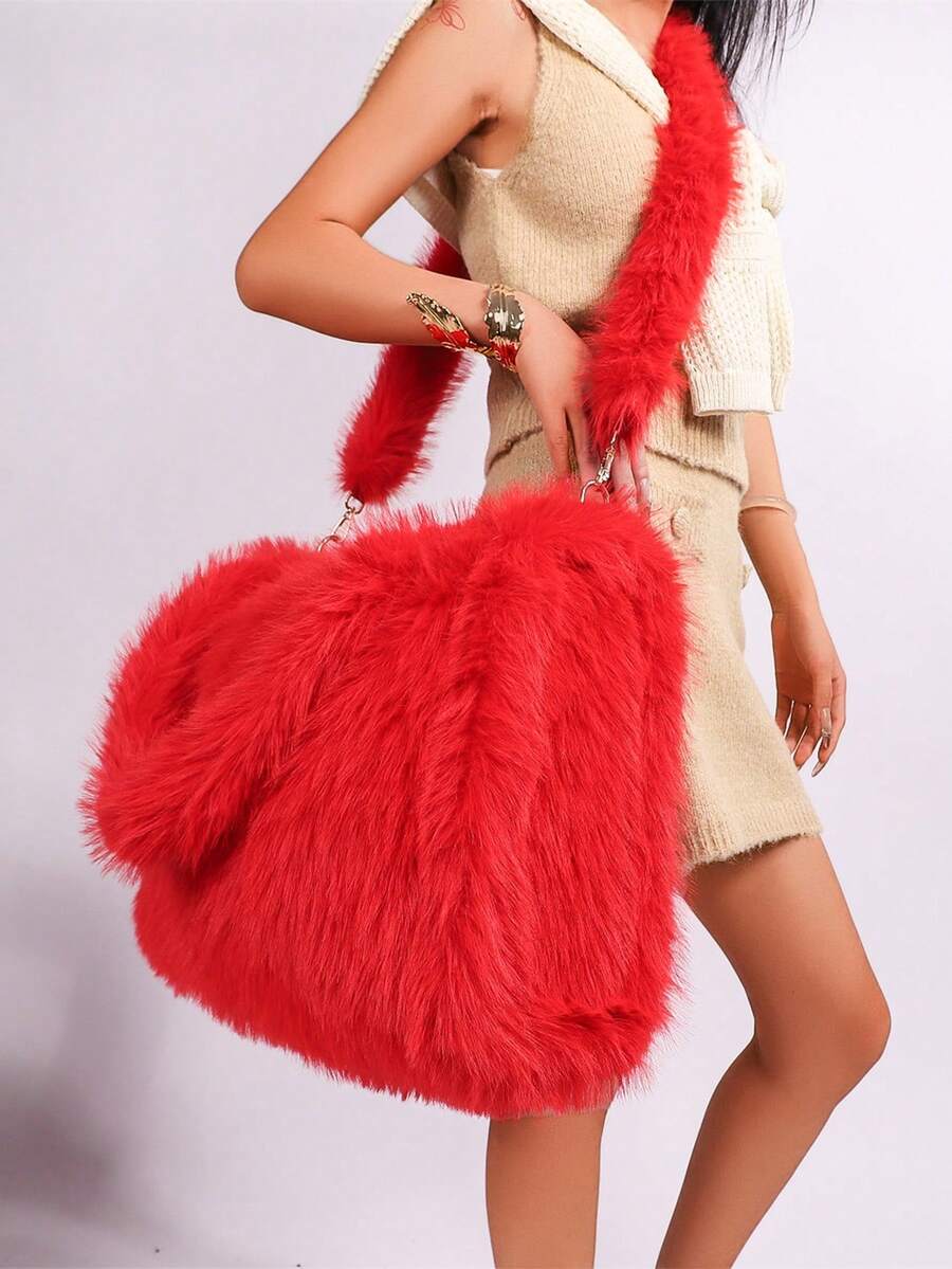 Long Strap Faux Fox Fur Tote - -Wide Large Capacity Tote Bag - Red - View 1