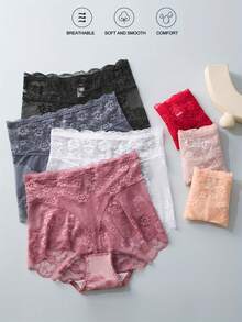 7Pcs Sexy Lace High-Waisted Transparent Briefs, French Style Plus-Size Briefs For Women, Tummy Control And Hip Lift, Lightweight, Stretchy And Comfortable Fit - Nhiều màu - Xem 4