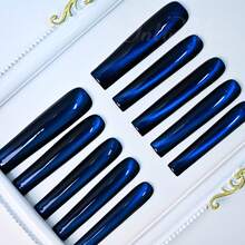 Premium Handmade Cat Eye Long Square Press On Nails, Magnetic Shimmer Gradient, Galaxy Effect Nail Set, Party, Night Glam Summer Easter - Royal Blue - View 3