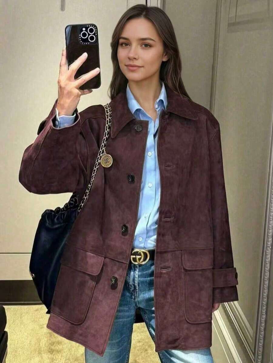 复古美式 Milliard Old Money 休闲宽松简约风百搭翻领酒红色西装外套，春季款 - 酒紅色 - 查看 1