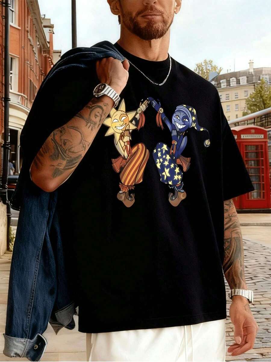 Maglietta grafica Sun Moon, moda autunnale, 100% cotone, stampa statement, casual, traspirante