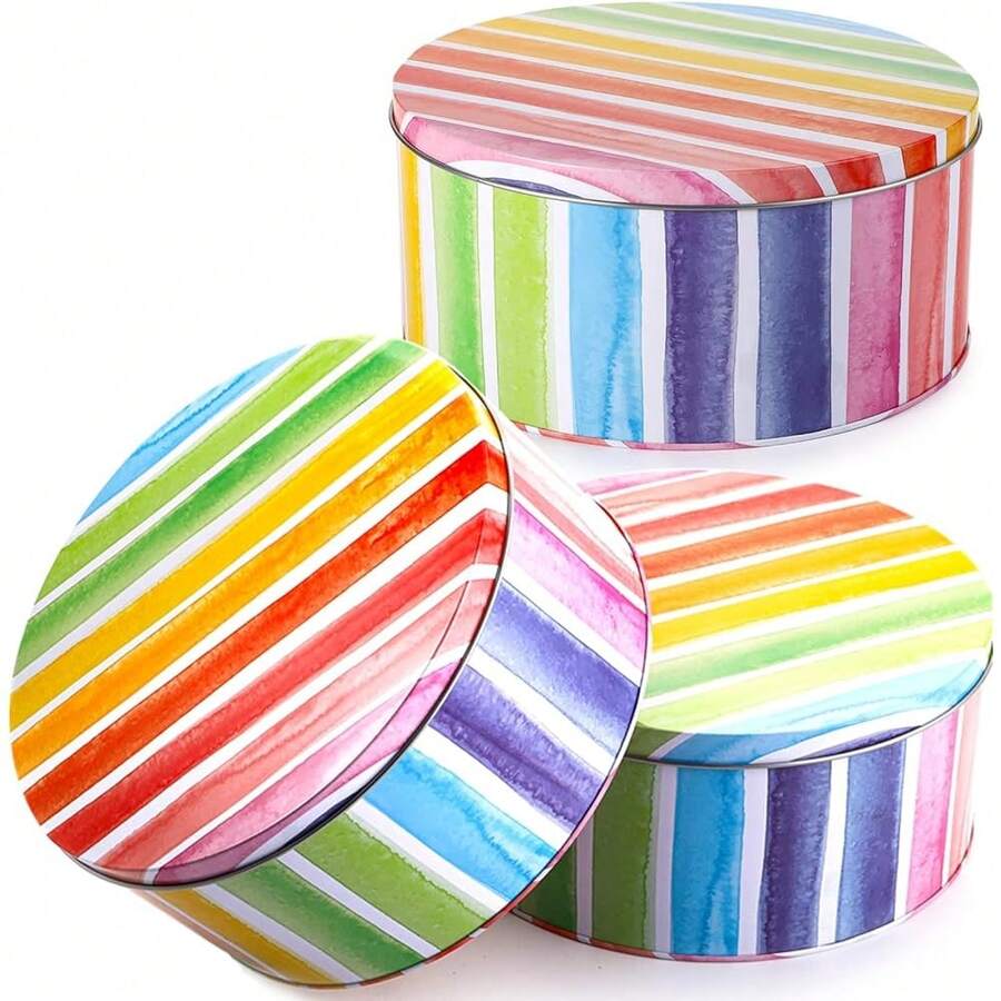 Pack Cookie Tins, Round Baking Cake  Tins For Storing Patisseries, Puff Pastries Craft Supplies, Easter, Special Occasion And Holidays, Rainbow , 7" W X .2" H, Metal - 預設 - 查看 1