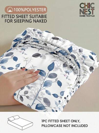 1pc Light Blue Floral Leaf Pattern Fitted Sheet, Mattress Protector, Valentine's Heart Mattress Cover, Soft & Breathable, Fits Twin, Full, Queen, King Size Beds, Deep Pocket Design, Home Textile, Suitable For Dorm Bedding