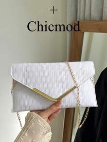 Solid Color Textured Metal Edged Shoulder Bag, Flap Chain Envelope Bag, Crossbody Bag, Wallet, Phone Pouch, Suitable For Dates/Formal Events, Shopping, Wallet, Shopping, Young Women, College Students, Newlyweds, Office Ladies. Ideal For Office, University, Work, Business, Commuting, Outdoor Activities, Travel And Outings - White - View 2