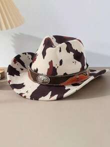 1pc Unisex Polyester Cow Print Cowboy Hat - Three-Dimensional Aged Silver Retro Bull Head Badge, Plain Copper Cross-Rivet Double Straps, Suitable For Horseback Riding, Outdoor Travel, Cowboy Parties And Daily Wear - Badge Bull Head Cow Hat - View 1