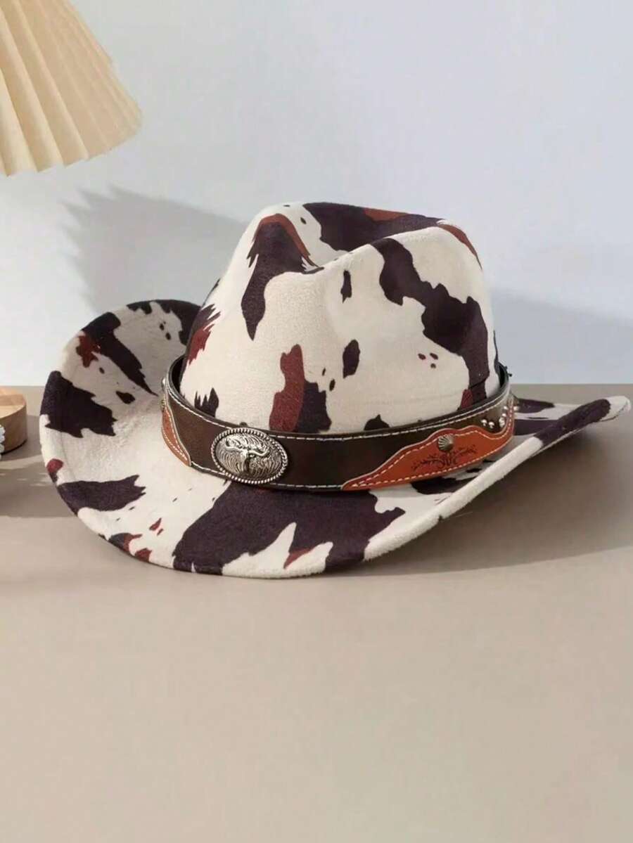 1pc Unisex Polyester Cow Print Cowboy Hat - Three-Dimensional Aged Silver Retro Bull Head Badge, Plain Copper Cross-Rivet Double Straps, Suitable For Horseback Riding, Outdoor Travel, Cowboy Parties And Daily Wear - Badge Bull Head Cow Hat - View 1