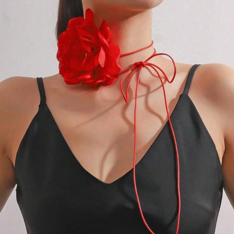 A Vintage  Rose Pink  Flower Necklace Evening Accessory Tie Choker Collar Necklace - 1 - View 1