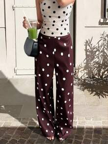 Women's Versatile Comfortable Polka Dot Zipper Long Pants, Straight Leg Y2K Style Trousers - Coffee Brown - View 3