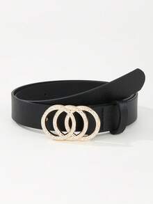 1 pieza Cinturón de mujer con hebilla de tres anillos chapado en oro con diamantes, versátil para vestidos y vaqueros, diseño de unicolor de moda, adecuado para uso diario en verano, escuela, otoño, Halloween - Negro - Ver 12