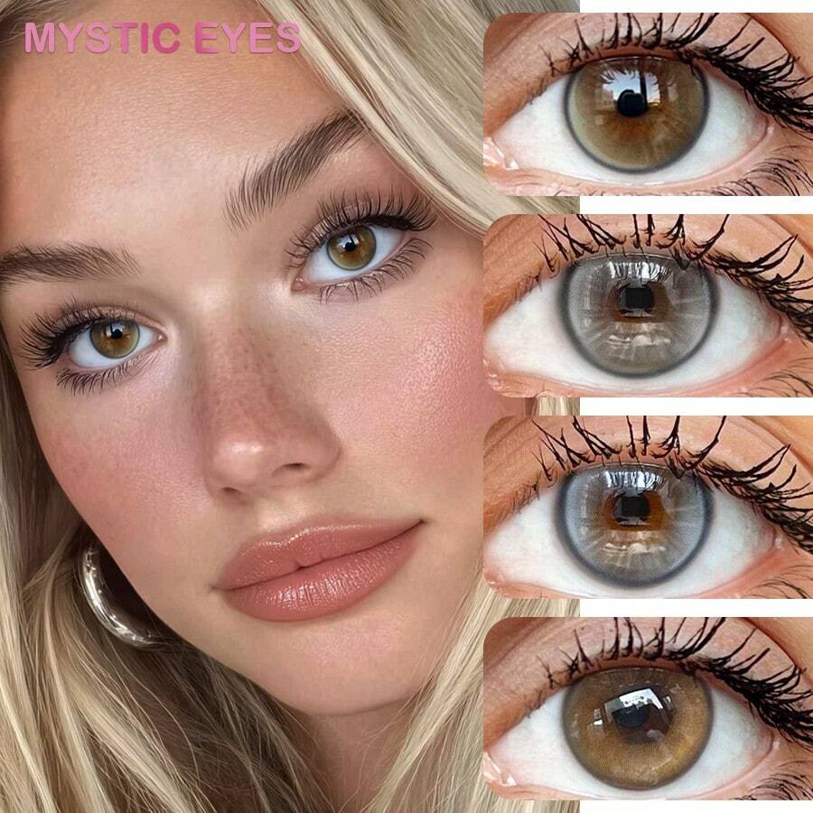 MYSTIC EYES 1副14.5mm彩色隐形眼镜，年抛型软性隐形眼镜，棕色、蓝色、灰色、绿色，美化双眼，舒适日抛型美瞳