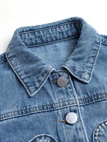 Girls' Distressed Denim Jacket With Rhinestone Embellishments, Cropped Length, Fringed Design, Suitable For All Seasons