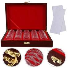 Wooden Coin Box Display 50Pcs Storage Case Up To 40mm Coin Capsules Adjust Pad - Red - View 5
