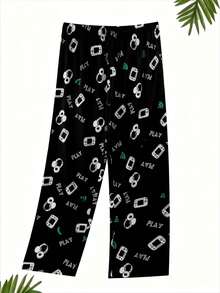 柔软轻盈的男士游戏主题舒适睡裤 - 涤纶混纺家居裤，弹性腰带，黑色底色，饰以彩色游戏手柄印花，可作休闲服或睡衣穿着，家居服 | 趣味印花 | 面料触感顺滑，冬季 - 黑色 - 查看 6