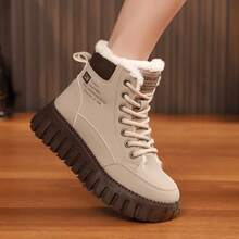 1 Pair Women's White Casual Snow Boots, Round Toe Outdoor Lace-Up Waterproof Leather Thermal Lined High-Top Boots, Autumn/Winter - Màu Khaki - Xem 5