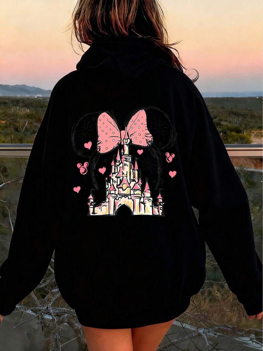 Women's Hooded Sweatshirt, Disney, Mickey Mouse, Christmas Elements, Cartoon Pattern - Printed Design, Casual Loose Women's Top, Soft And Skin Friendly, Suitable For Various Occasions Such As Home And Outdoor Wear In Autumn And Winter Seasons - 黑色 - 查看 1
