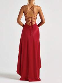 Vestido de fiesta rojo de verano con espalda descubierta, volantes y cuello cuadrado, elegante, adecuado para citas, vacaciones y playa - Rojo - Ver 3