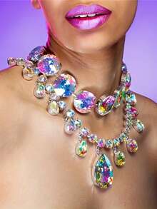 1件时尚性感AB水晶水钻项链，奢华夜店女士闪亮水滴吊坠多层项链 - 銀色 - 查看 3