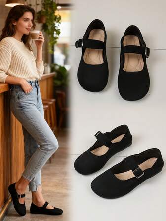 Bestseller Vintage Black Suede Mary Janes With Buckle Flat Shoes - Comfortable & Versatile Daily Casual Women's Footwear
