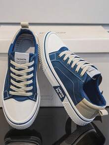 Tenis de hombre de lona transpirable, tenis para hombre fashion est.1985, tenis hombre verdes y beige trendy, zapatos para hombre ligeros para diario y salida - Azul - Ver 2