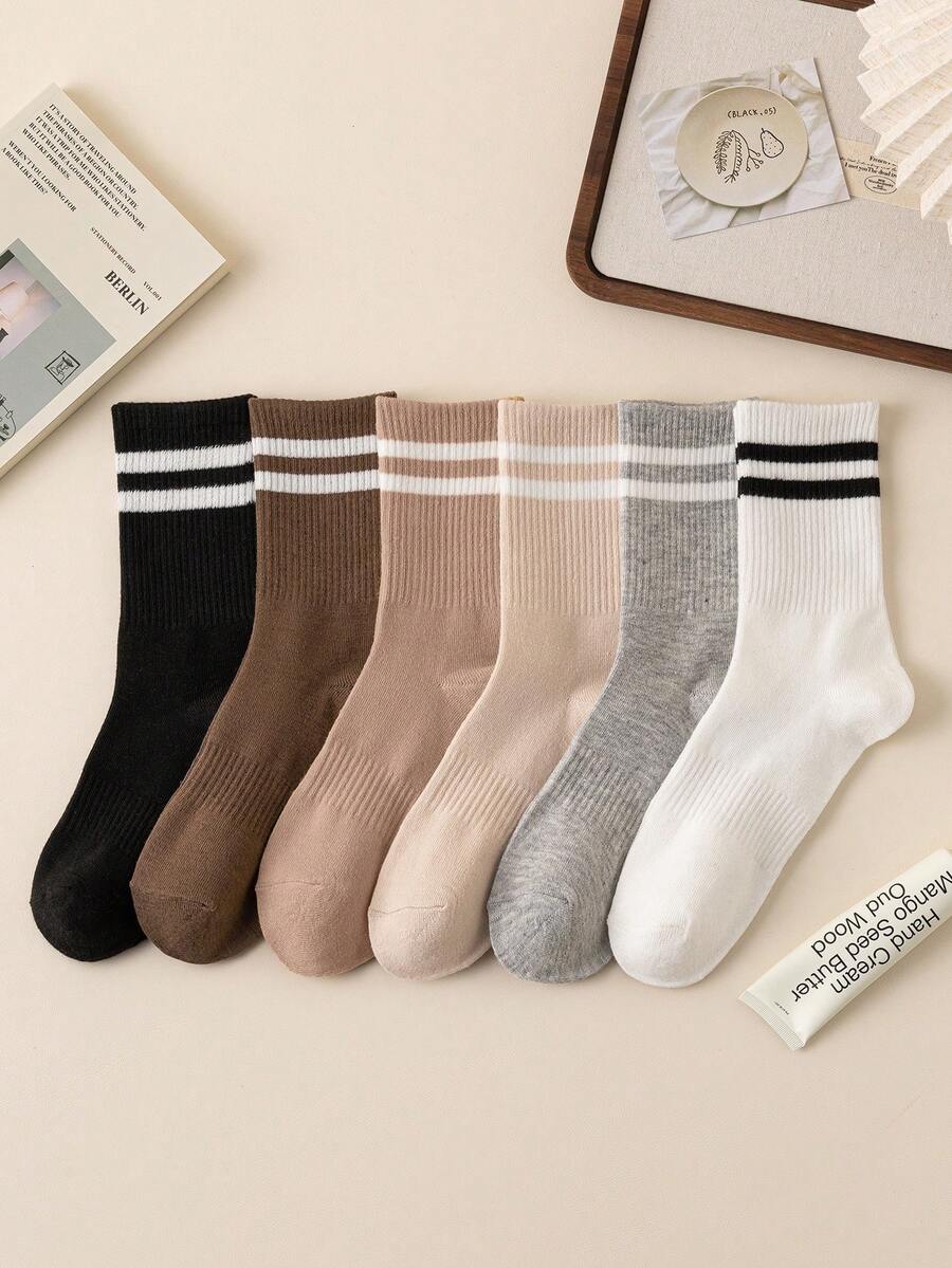 6 Pairs Women's Striped Business & Casual Socks With Elastic Band, Soft, Comfortable, Fashionable & Elegant Mid-Calf Socks For Daily Wear