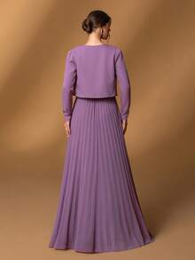 Faeriesty Mosy 优雅两件套新娘母亲礼服套装：圆领无袖A字腰带连衣裙搭配开襟长袖外套 - 完美适用于婚礼、晚宴、教堂仪式、家庭聚会及其他正式场合 春季 - 紫色 - 查看 3