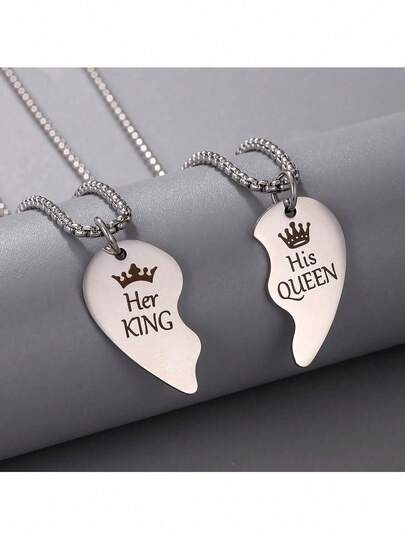 Bộ 2 dây chuyền mặt trái tim lồng vào nhau bằng thép không gỉ hình vương miện King & Queen, quà tặng cho bạn trai, bạn gái, chồng, vợ (Không bao gồm hộp quà)