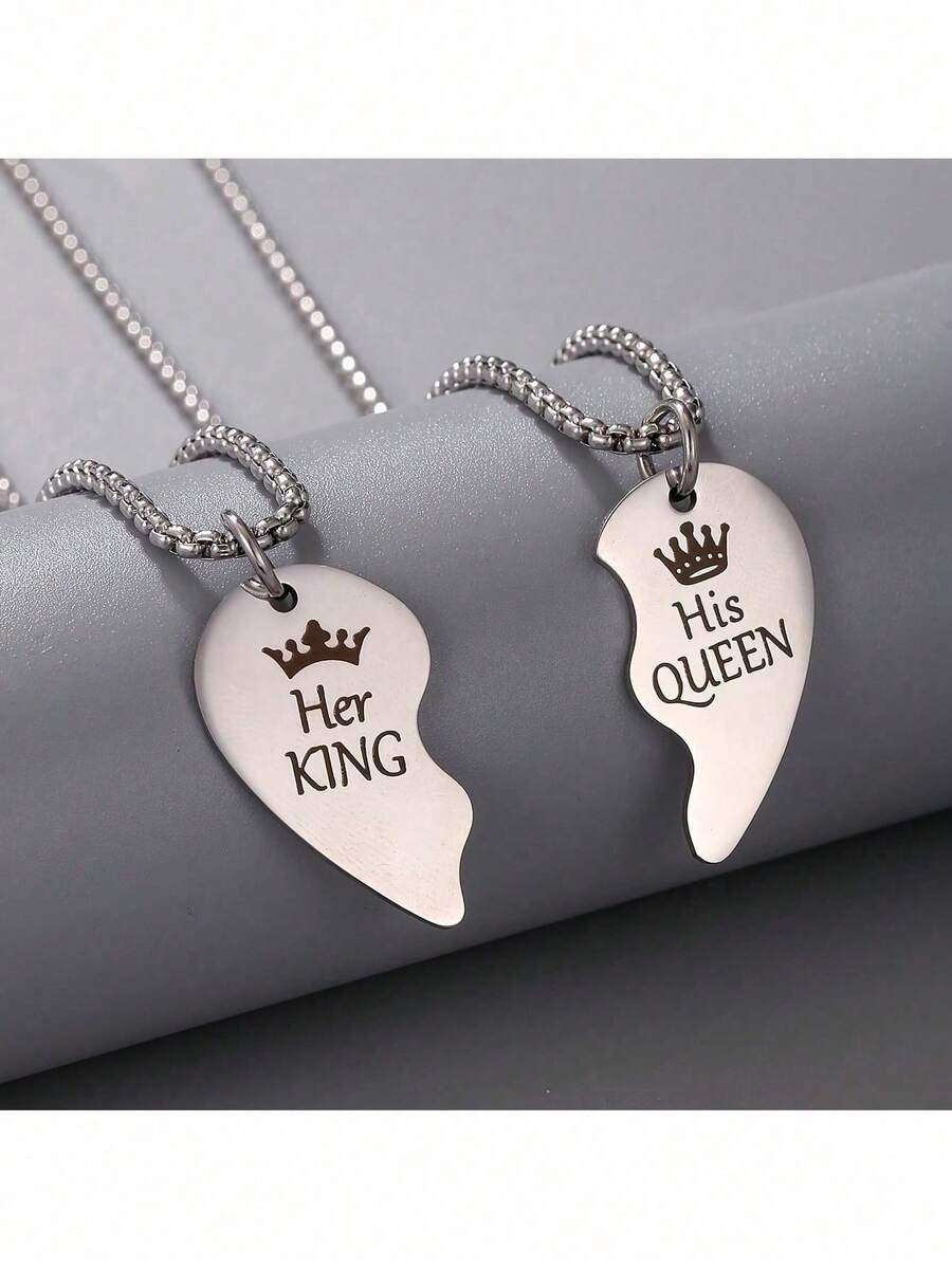 2件套国王与王后皇冠不锈钢互扣心形吊坠项链，送给男友、女友、丈夫、妻子的礼物（不含礼盒） - 彩色 - 查看 1