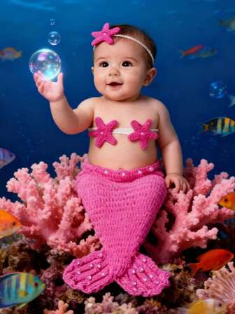 手工钩织美人鱼女婴服装，新生儿摄影道具，婴儿美人鱼公主服，适合百日庆典、主题摄影、派对等场合。
