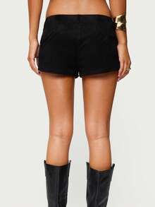 Women Y2k Studded Belt Micro Shorts Low Rise Rivet Faux Suede Shorts Buckle Mini Bottoms Punk Streetwear - Black - View 3
