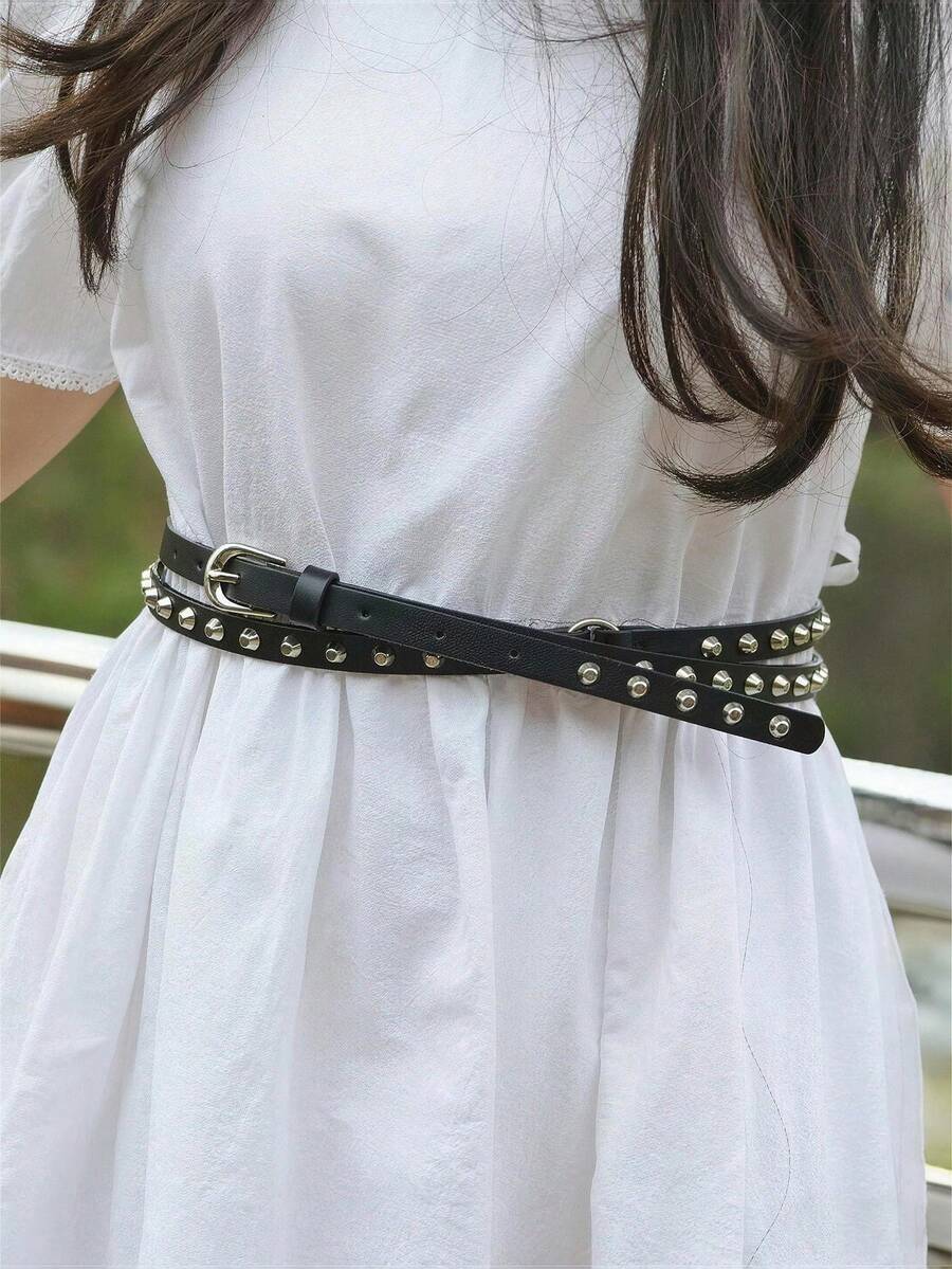 1pc Y2K Dark Style Double-Layer Skinny Belt, Extra Long Waist Belt With Punk Metal Buckle & Rivet, Suitable For Daily Wear - Black - View 1