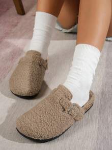 Pantuflas con forro de felpa de moda para mujer, cómodas para interiores/exteriores, adecuadas para vacaciones, ocio, zapatos planos versátiles - lana de cordero marrón - Ver 2