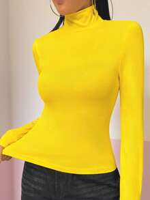 Women's Solid Color Turtleneck Slim Fit Long Sleeve T-Shirt, Suitable For Spring/Autumn/Winter Casual - Yellow - View 3