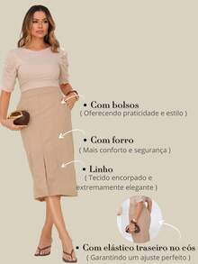 Linen Midi Skirt With Stylish Slit And Flexible Waist - Cappuccino - View 6
