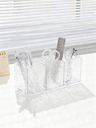 1pc Clear Stationery Organizer, 3 Compartment Desk Caddy, Textured Pen Holder, Ice Cube Storage Box For Office Supplies