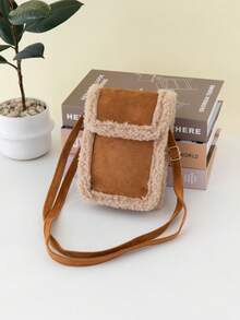 女士仿毛皮斜挎包，新款秋冬可爱毛绒拼接手机包单肩包，时尚优雅麂皮绒面料手提包，配有可调节肩带，是女士休闲外出和日常使用的完美礼物