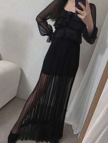 A-Line Pleated Skirt For Women, Elegant Midi Length - Black - View 5