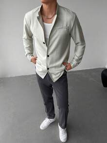 WAIT HIM Men's Solid Color Regular Shoulder Casual Solid Color Shacket - Light Grey - View 6