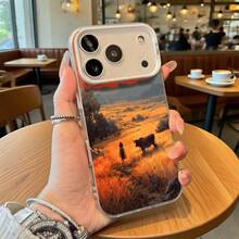Cubierta de telefono transparente con diseño de paisaje al atardecer y figura humana con vaca color naranja y marron para uso diario en cafeterias - Negro - Ver 1