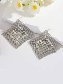 ZAA 网状金属耳环，时尚金属钻石亮片流苏耳环，欧美夸张金属片耳环，跨境耳环，女士耳环，金耳环 - 銀色 - 查看 7