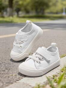 1双女婴白色纽扣孔眼低帮舒适休闲帆布鞋，适合春秋季户外穿着。 - 白色 - 查看 2