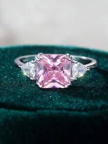 1 Peça Anel de Prata Esterlina 925 com Zircônia Cúbica Rosa Quadrada Luxuoso e Atraente, Presente de Moda, Festa/Aniversário/Noivado/Casamento/Aniversário/Dia dos Namorados para Mulheres - Rosa chiclete - Visão 4